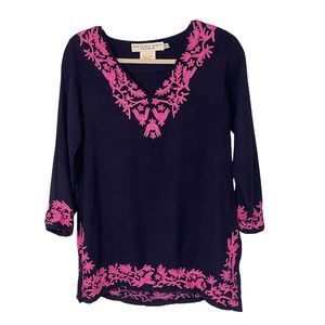 Gretchen Scott Designs Womens Navy Blue Pink Embroidered Tunic Top Size XS